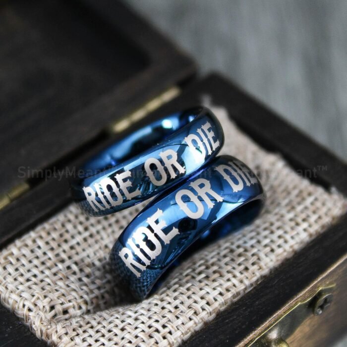 Ride or Die Rings, Blue Wedding Bands, Couple Ring Set, Matching Couple Rings - Image 1