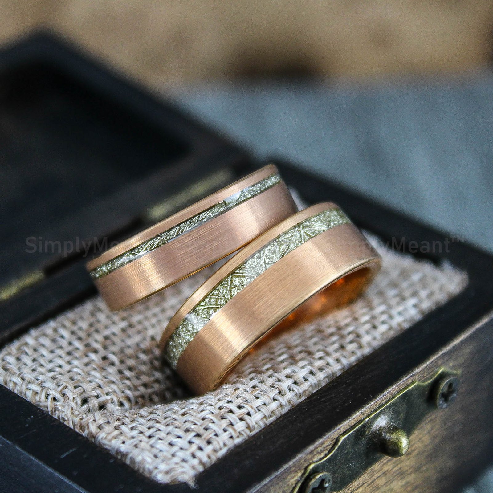 IMG_1473 Meteorite Rings, Meteorite Wedding Bands, Rose Gold Tungsten Bands with Meteorite Inlay - Image 4