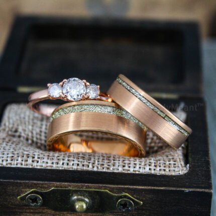 Meteorite Rings, Meteorite Wedding Bands, Rose Gold Tungsten Bands with Meteorite Inlay