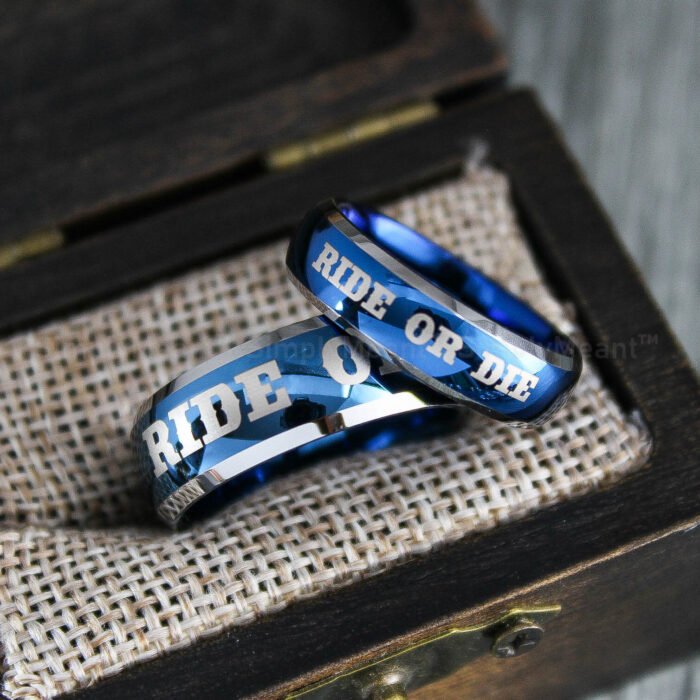 Ride or Die Rings, Blue Wedding Bands, Couple Ring Set, Matching Couple Rings - Image 1
