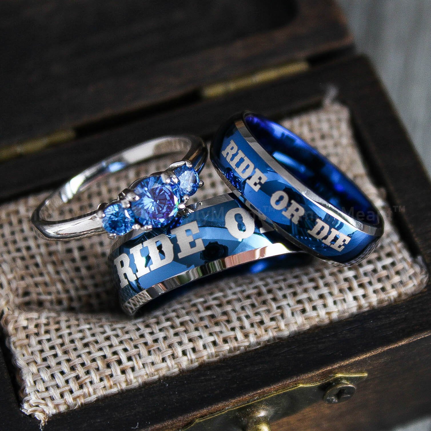 IMG_1750 Ride or Die Rings, Blue Wedding Bands, Couple Ring Set, Matching Couple Rings - Image 1