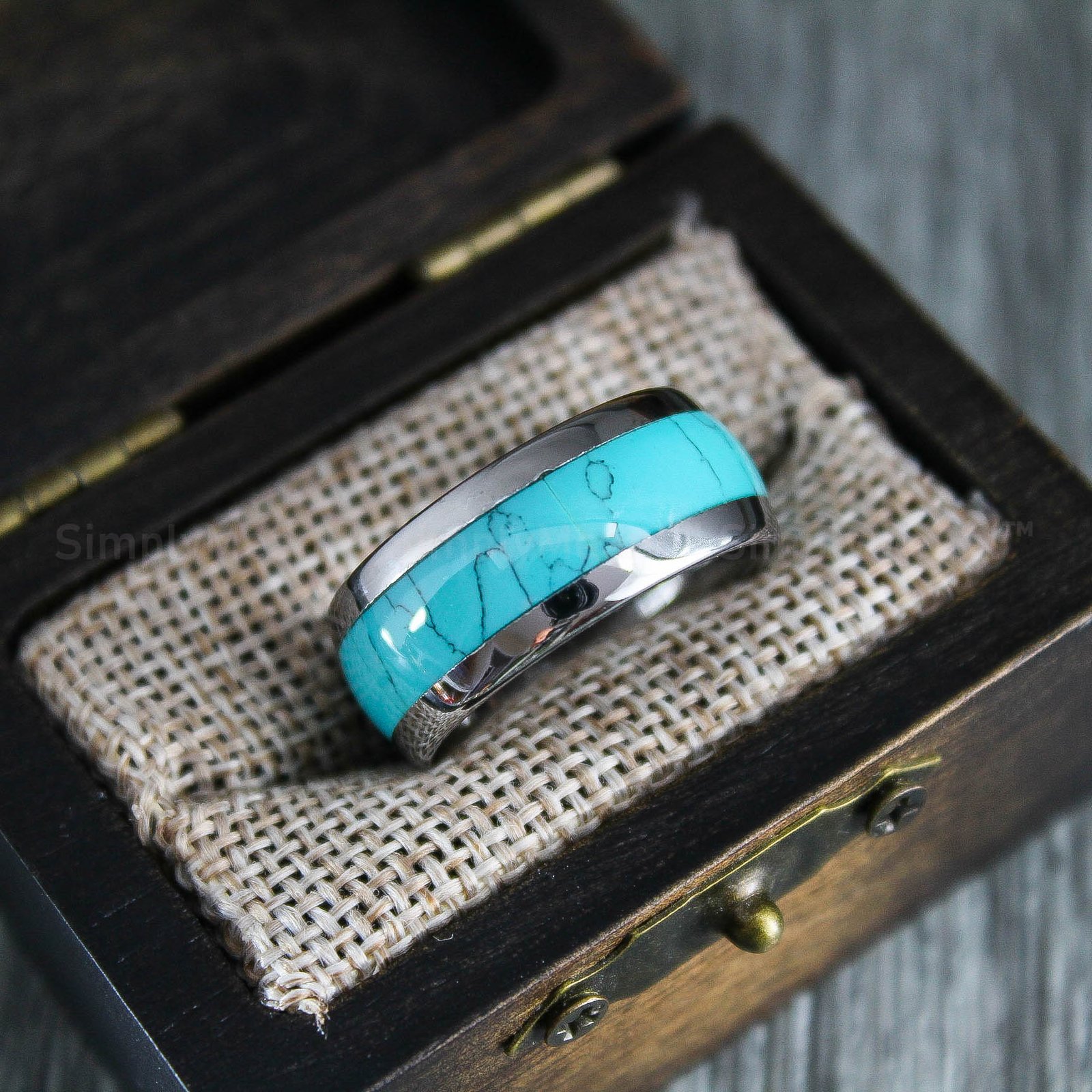 IMG_1767 Turquoise Ring, Turquoise Wedding Band, Silver Tungsten Band with Turquoise Inlay - Image 1