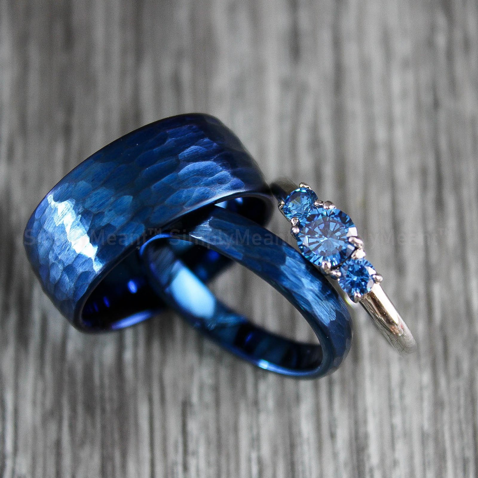 IMG_1873 Couple Rings, Blue Wedding Bands, Matching Wedding Rings, Hammered Rings - Image 1