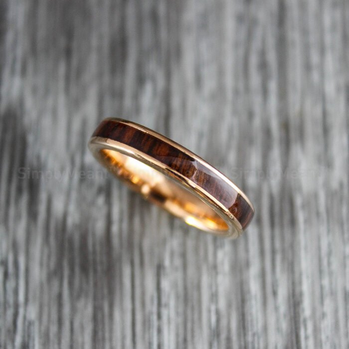 Wood Ring, Wood Wedding Band, 4mm Rose Gold Tungsten Wedding Band, Wood Wedding Ring - Image 1
