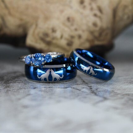 Wolves Rings, Howling Wolves Wedding Bands, Wolf Jewelry, Blue Wedding Bands